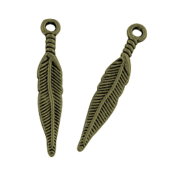 Antique Bronze Tibetan Style Alloy Pendants, Cadmium Free & Nickel Free & Lead Free, Leaf, Antique Bronze, 29x5x2mm, Hole: 2mm, about 1600pcs/1000g