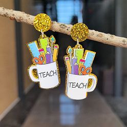 Золотистый Серьги-гвоздики с акриловыми блестками и пудрой, кепка с карандашом, ножницами и линейкой, золотые, 51x20 мм