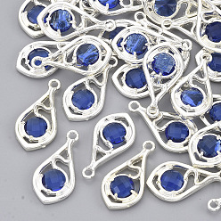 Blue Faceted Glass Pendants, with Eco-Friendly Alloy Open Back Settings, Nickel Free, Teardrop, Silver Color Plated, Blue, 21x11x3.5mm, Hole: 1.6mm