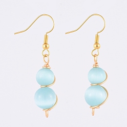 Светло-Голубой Латунь болтаться серьги, с бусинами "кошачий глаз", круглые, Небесно-голубой, 45 мм, штифты : 0.6 мм