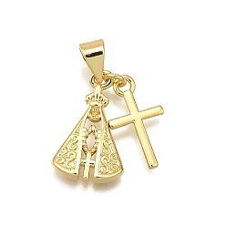 Настоящее золото 18K Стойки обшивки латунные подвески, Nossa senhora aparecida с крестом, без свинца и без кадмия, долговечный, реальный 18 k позолоченный, 16.5x10.5x2.5 мм, отверстие : 3.5x4.5 мм
