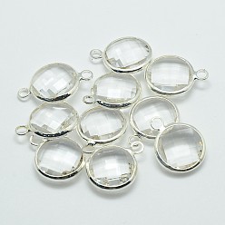 Mixed Color Silver Color Plated Brass Glass Pendants, Flat Round, Mixed Color, 12x9x5mm, Hole: 2mm