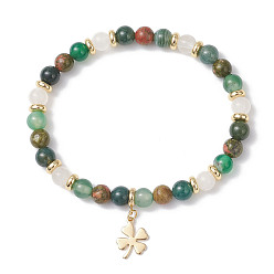 Смешанные камни 304 шарм браслеты из нержавеющей стали клевера, Браслеты из натуральных бусин мохового агата, унакита, полосатого агата/полосатого агата и кристаллов кварца для женщин, шарик: 6.5м, внутренний диаметр: 2-1/8 дюйм (5.5 см)