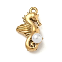 Sea Horse 304 подвески из нержавеющей стали, с abs имитационными жемчужными бусинами , ионное покрытие (ip), реальный 18 k позолоченный, морской конек, 17.5x10x7 мм, отверстие : 1 мм