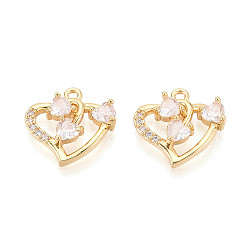 Настоящее золото 18K Подвески из латуни с прозрачным фианитом, сердце, без никеля , реальный 18 k позолоченный, 15.5x16x3.5 мм, отверстие : 1.4~1.5 мм