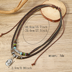 Hat Подвеска из сплава и синтетической бирюзы, фарфоровые и деревянные бусины, вощеный шнур, двухслойные регулируемые ожерелья для мужчин, античное серебро, шляпа, 15.75~27.56 дюйм (40~70 см), Кулон : 23 мм
