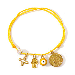Желтый 304 Браслеты с подвесками из нержавеющей стали и смолы, плетеные браслеты из нейлонового шнура для женщин, Хамса в виде руки, сглаз, крест и плоский круглый символ со святым Бенедиктом., желтые, 11.02 дюйм (28 см)