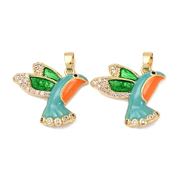 Золотой Латунные микропроволочные кубические циркониевые подвески из эмали, амулеты птиц, золотые, 21x23.5x4.5 мм, отверстие : 5.5x2.5 мм