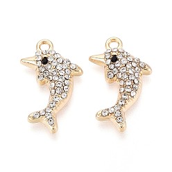 Кристалл Подвески из сплава со стразами, дельфин, без кадмия, без никеля и без свинца, золотые, кристалл, 21.5x13x4 мм, отверстие : 1.6 мм