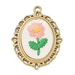 Pink 304 Подвески из нержавеющей стали и ткани, овальные вышитые цветочные подвески, золотые, розовые, 40x30.5x3.5 мм, отверстие : 3 мм