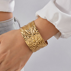 Цветок Стильные браслеты-манжеты из нержавеющей стали для женщин, золотые, цветок, внутренний диаметр: 2.36 дюйм (6 см)