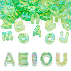 Pale Green 50Pcs 5 Styles UV Plating Rainbow Iridescent Acrylic Beads, Initial Beads, A E I O U, Pale Green, 20.5~21x8.5~18x13.5~14mm, Hole: 6mm, 10pcs/style