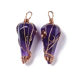 Amethyst Natural Amethyst Copper Wire Wrapped Big Pendants, Faceted Cone Charms, Rose Gold, 50~50.5x16.5x18~19mm, Hole: 8x3.5~4mm
