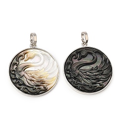 Platino Colgantes de concha de labio negro natural tallada en chapado en bastidor, redondo plano con dije de cisne, con fornituras de latón, Platino, 29.5~30x27x2.5~3 mm, agujero: 5.5 mm
