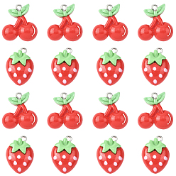 Красный 20 шт 2 стили подвески из непрозрачной смолы, вишня и клубника, с железной платиной петлей, красные, 21.5~22x16~20x7~9 мм, отверстие : 2 мм, 10 шт / стиль