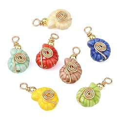 Golden Handmade Porcelain Pendants, Conch Shell Shape Charms, with Electroplate Non-magnetic Synthetic Hematite Beads and Round Copper Jewelry Wire, Mixed Color, Golden, 23~24x12.5x9.5mm, Hole: 3mm