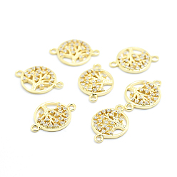 Golden Brass Micro Pave Cubic Zirconia Links, Clear, Flat Round with Tree of Life, Golden, 12.5x18x2mm, Hole: 1mm