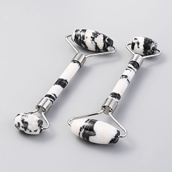 Zebra Jasper Natural Zebra Jasper Brass Face Massager, Facial Rollers, Platinum, 142~150x54~58x19~22mm