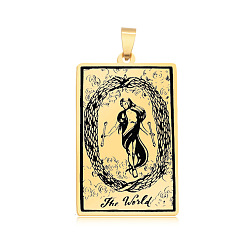 Golden 201 Stainless Steel Pendants, Laser Engraved Pattern, Tarot Card Pendants, Golden, The World XXI, 40x24x1mm, Hole: 8x4mm