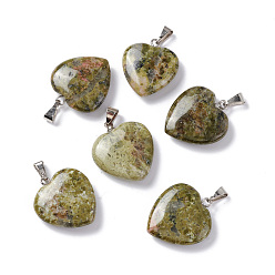 Unakite Natural Unakite Pendants, Heart, with Brass Findings, Platinum, 22~23x20~20.5x6~7.5mm, Hole: 5x8mm