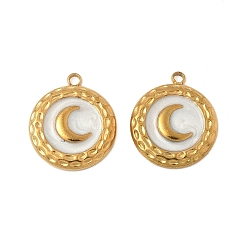 Белый 304 нержавеющей стальной эмали подвески, плоская круглая с лунными подвесками, ионное покрытие (ip), реальный 18 k позолоченный, белые, 16.5x14x2.5 мм, отверстие : 1.6 мм