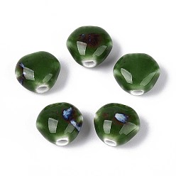 Темно-Зеленый Ручной фарфоровые керамические шарики, фантазии античного стекла фарфора, формы раковины, темно-зеленый, 10.5~11x12x7~8 мм, отверстие : 2 мм