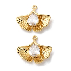 Настоящее золото 18K Латунные подвески со стеклом, подвески из листьев гинкго, реальный 18 k позолоченный, без кадмия, без никеля и без свинца, 16.5x19x4.5 мм, отверстие : 1.2 мм