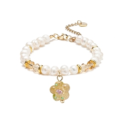 Goldenrod Lampwork Flower Charm Bracelet, Natural Pearl & Glass Beaded Dainty Bracelet for Women, Goldenrod, 7-1/2 inch(19cm)