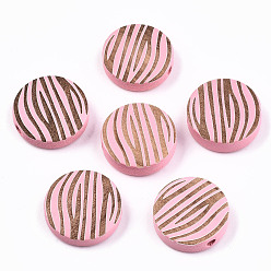 Pink Расписные бусы из натурального дерева, лазерная гравировка, плоский круглый с зеброй, розовые, 15x4.5 мм, отверстие : 1.5 мм