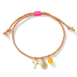 Желтый авантюрин Браслеты с подвесками из натурального желтого авантюрина и латуни, Регулируемые браслеты для женщин с подвеской в виде креста и Девы Марии., 11.02 дюйм (28 см)