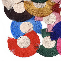 Mixed Color Polyester Tassel Big Pendant Decorations, with Iron Findings, Fan, Light Gold, Mixed Color, 55~65x70~80x2.5mm, Hole: 1mm