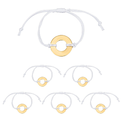 Белый 6шт. браслеты из вощеного хлопкового шнура, с латунными прелестями, плоско-круглые, золотые, белые, внутренний диаметр: 3-1/2 дюйм (9 см)