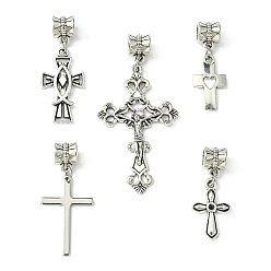 Античное Серебро Европейские подвески из сплава в тибетском стиле, Религиозные крестики с большими отверстиями, античное серебро, 30~54 мм, крест: 19~43x10.5~26x1~3 мм, отверстие : 5 мм