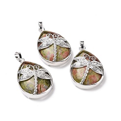 Унакит Природные подвески Unakite, с латунной фурнитурой платинового цвета, без свинца и без кадмия, слезинка с подвесками в виде стрекоз, 40~40.5x26~26.5x9~9.5 мм, отверстие : 5x7 мм