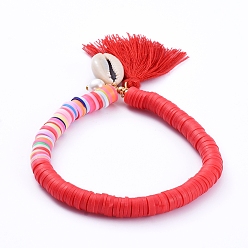 Красный Растянуть шарм браслеты, с бисером из полимерной глины хэйси, хлопковые нитки, карие бусины, стеклянные жемчужные и латунные бусы, красные, 2-1/4 дюйм (5.8 см)