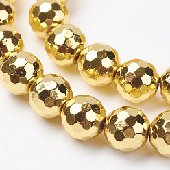 Golden Plated Non-magnetic Synthetic Hematite Bead Strands, Faceted, Round, Golden Plated, 8mm, Hole: 1mm, about 50pcs/strand, 15.7 inch