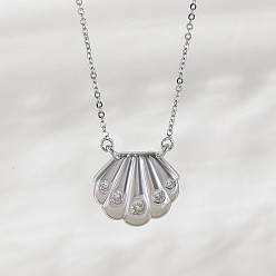 Shell Shape Ожерелья с подвесками Ocean Summer из латуни с прозрачными кубическими цирконами и паве, платина, формы раковины, 17.72 дюйм (45 см), Кулон : 19 мм