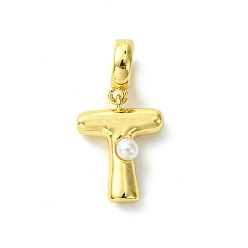 Letter T Покрытие стойки латунь с АБС-пластиком жемчуг европейские подвески, Подвески с большими отверстиями, долговечный, без свинца и без кадмия, реальный 18 k позолоченный, Письмо T, 22 мм длиной, отверстие : 5 мм, Кулон : 14x11x4 мм