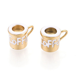 Белый 304 нержавеющей стальной эмали подвески, подвески в форме чаши, ионное покрытие (ip), реальный 18 k позолоченный, белые, 10x13x9 мм, отверстие : 2x4 мм