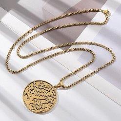 Настоящее золото 18K 201 подвесные из нержавеющей стали ожерелья, плоские круглые с деревом, реальный 18 k позолоченный, 23.23~23.62 дюйм (59~60 см)