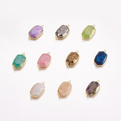 Mixed Color Electroplate Natural Druzy Agate Links connectors, with Brass Finding, Hexagon, Golden, Mixed Color, 27x15x7~8mm, Hole: 2mm