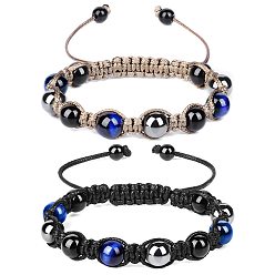Королевский синий Плетеные браслеты из бисера, вощеной полиэфирным кордом, тигровый глаз, черного обсидиана, королевский синий, внутренний диаметр: 2-3/8 дюйм (6 см)