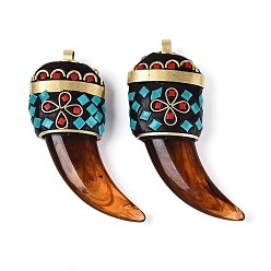 Сиена Большие подвески из Индонезии, подвески в форме бивня, со смолой и непокрытой латунью, цвет охры, 60~65x24~25x13 мм, отверстие : 3.5~4x4 мм