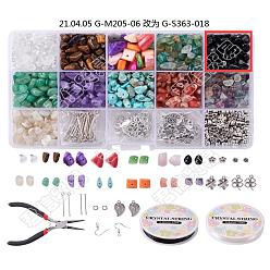 Смешанные камни Сделай сам комплект украшений, с драгоценными камнями чип бисера, пресноводные раковины чипсы шарики, сплавочная фурнитура тибетского стиля, латунное прыгающее кольцо и крючок для серег, железная булавка для глаз и булавка для головы, эластичность, 17.4x10x2.15 см