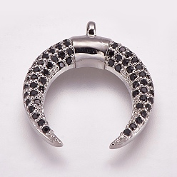 Platinum Brass Micro Pave Cubic Zirconia Pendants, Double Horn/Crescent Moon, Platinum, 18.5x17.5x3mm, Hole: 1.5mm