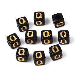 Letter Q Непрозрачные акриловые бусины, золотой металл обвитыми, куб с письмом, чёрные, Буква Q, 4.5~5x4.5~5x4.5~5 мм, отверстие : 2 мм, Около 6250 шт / 500 г