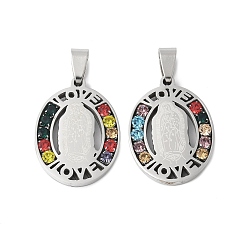 Нержавеющая Сталь Цвет 201 подвески из нержавеющей стали, со стразами, овал с подвесками Дева Мария и слово любовь, цвет нержавеющей стали, 28.5x21x3.5 мм, отверстие : 9x4.5 мм
