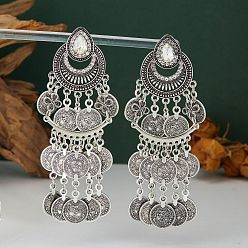 Antique Silver Alloy Crystal Rhinestone Chandelier Earrings for Women, Stud Earrings, Teardrop, Antique Silver, 98x33mm