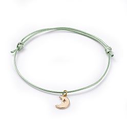 Dark Sea Green Cord Bracelets, with Eco-Friendly Korean Waxed Polyester Cord and Brass Charms, Moon, Golden, Dark Sea Green, 2-1/2 inch~3-3/8 inch(6.5~8.6cm)