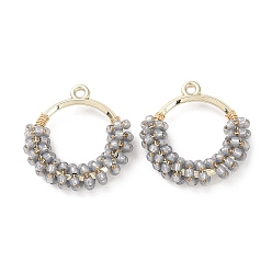 Серый Латунное кольцо с подвесками из бисера, пончики, серые, 25x24x5.5 мм, отверстие : 1.6 мм